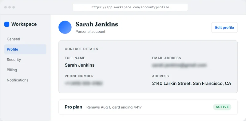 The same account profile page with the email address and phone number blurred while the name and address remain visible