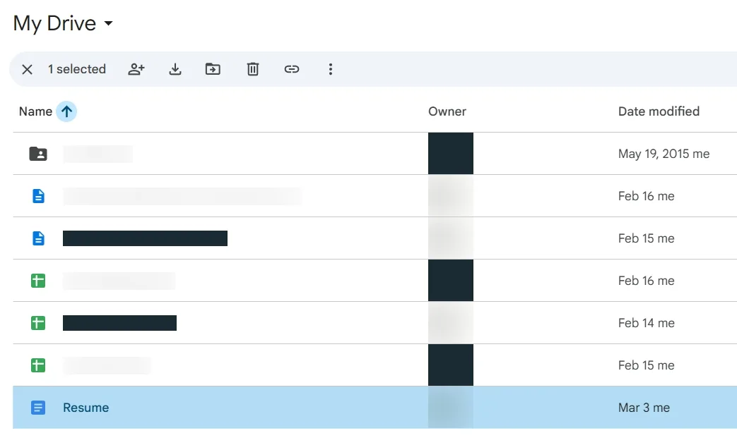 A Google Drive list with file names and owners hidden by blur and blackout