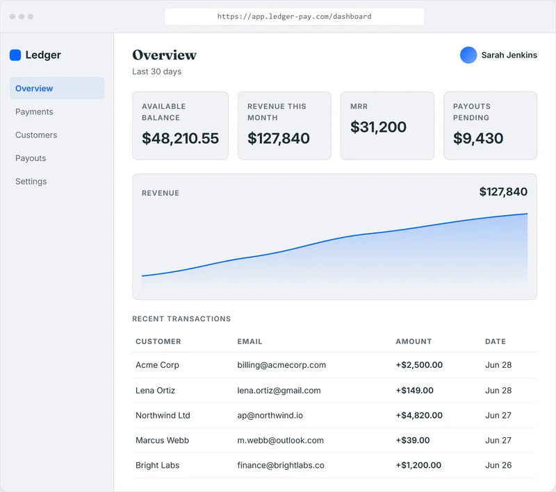 A payments dashboard with account balance, revenue, and customer names and emails all visible