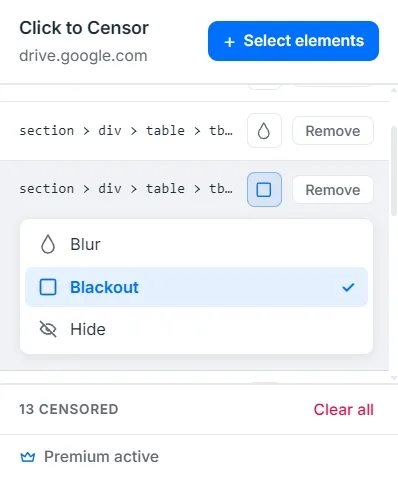 The Click to Censor menu showing Blur, Blackout, and Hide options