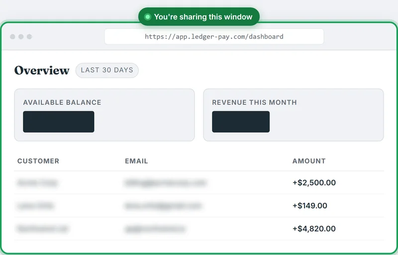 The same shared-window dashboard with the balance and revenue blacked out and customer names and emails blurred